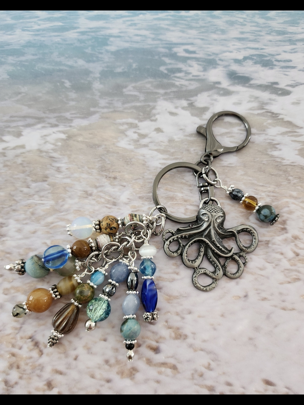 Coastal Octopus Purse Charm or Keychain Jasper Agate Aquamarine Handcrafted